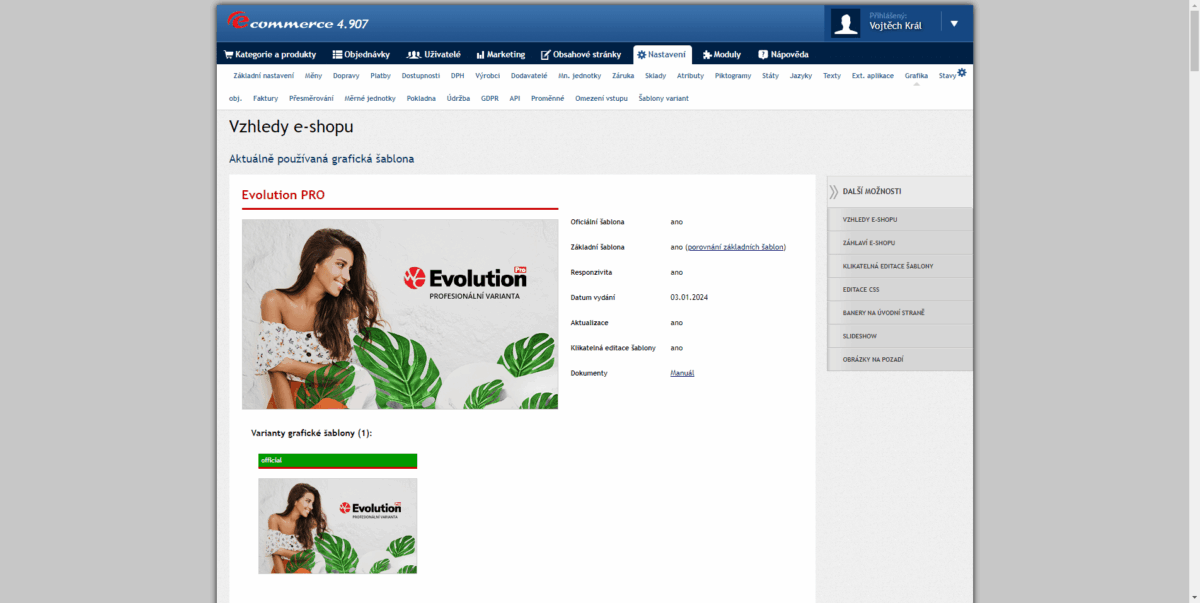 Aktuálně používaná šablona na e-shopu je Evolution PRO s datem vydání 3.1.2024