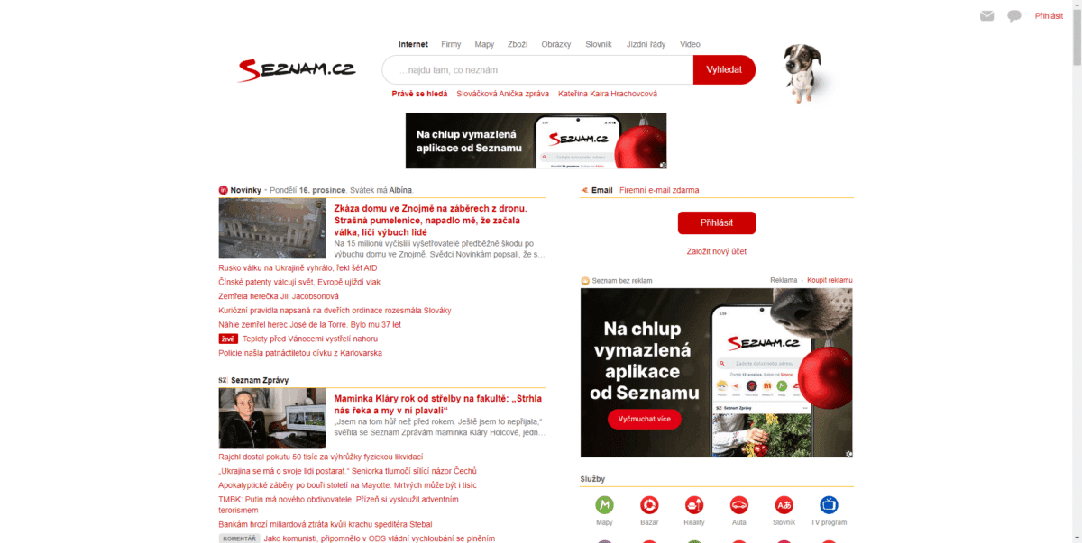 Homepage Seznam.cz ze dnes 16.12.2024