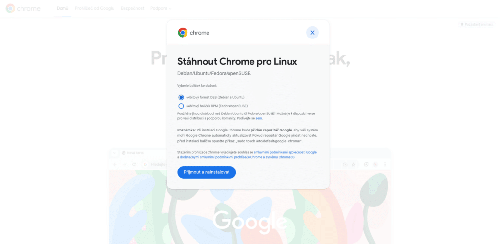 Výběr stažení Google Chrome pro Linux, DEB nebo RPM
