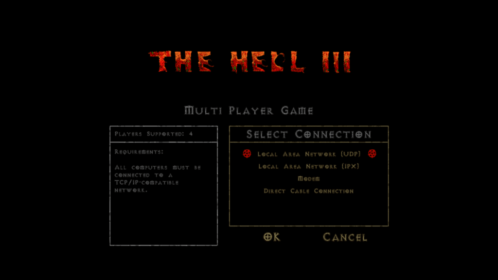 Diablo The Hell 3 multiplayer, volba Local Area Network (UDP)