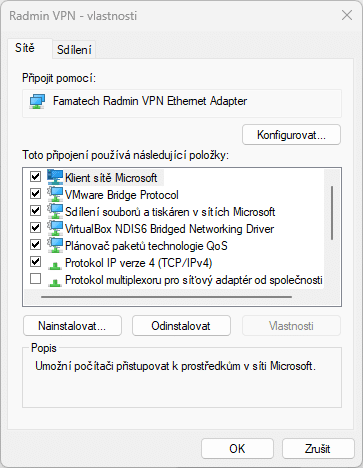 Radmin VPN - virtuální síťový adaptér