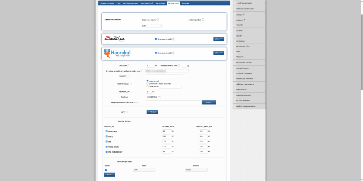 Webczech e-shop - Nastavení produktu pro heuréka feed