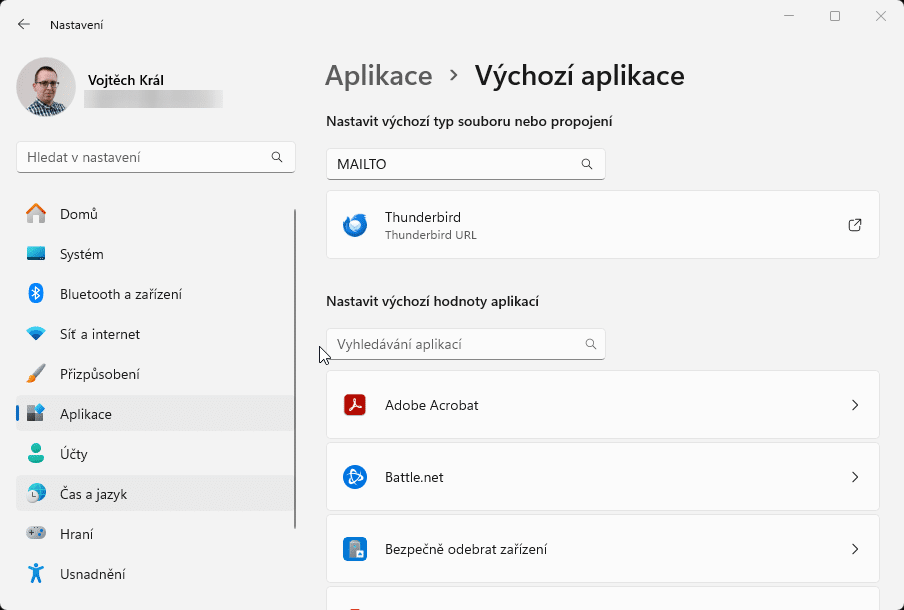 Výchozí aplikace, typ odkazu MAILTO