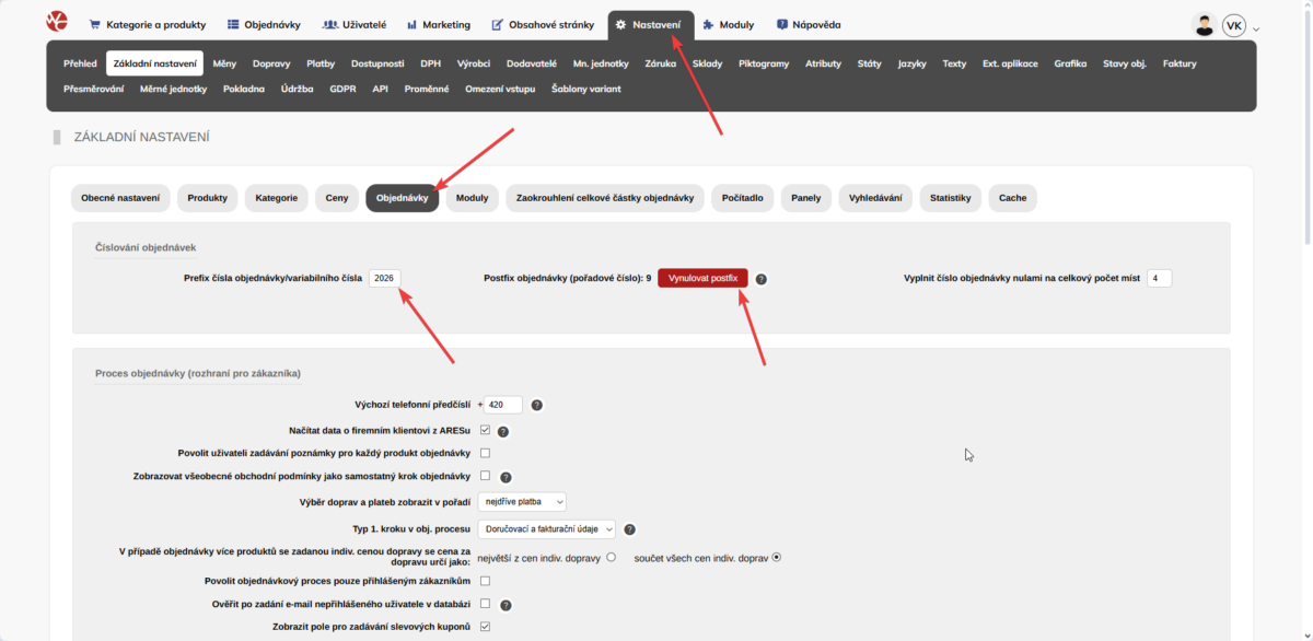 Nastavení číslování objednávek u Webczech e shopu