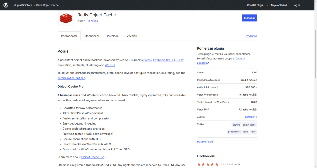 Redis Object Cache v knihovně doplňků
