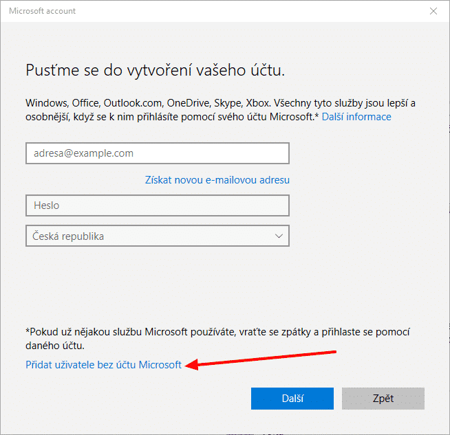 Windows 10 Přidání uživatele bez účtu Microsoft