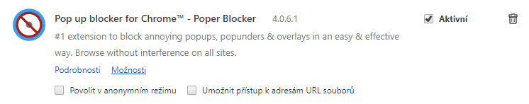 Popup blocker pro Chrome, instalováno