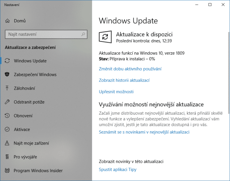 Windows Update, verze 1809