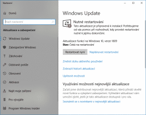 Windows Update, verze 1809, restartování