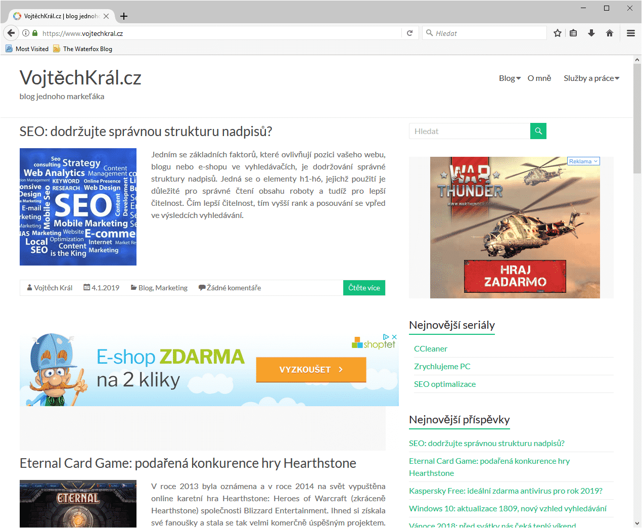 Waterfox, stránka VojtěchKrál.cz