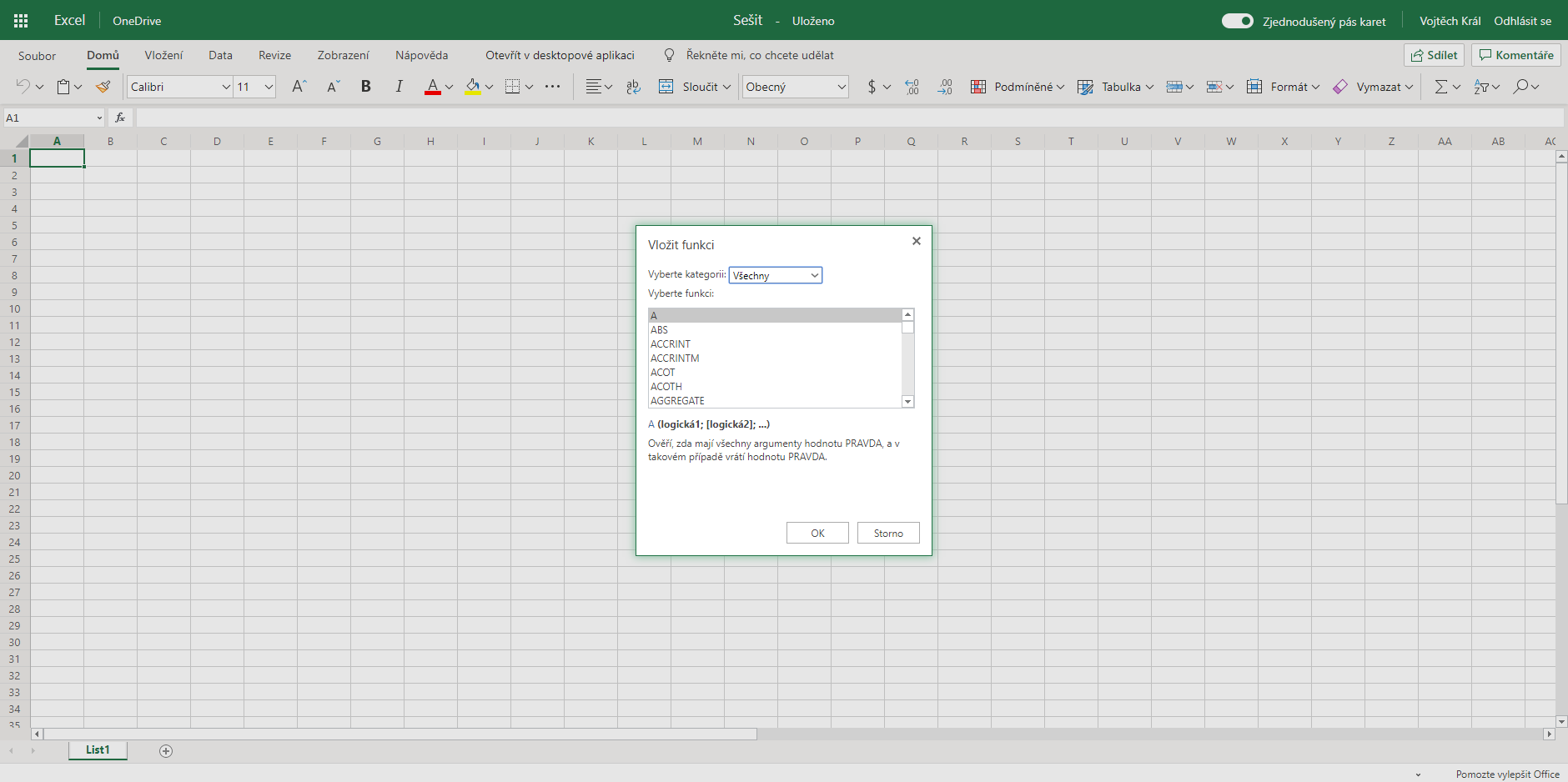Microsoft Excel Online se spoustou funkcí