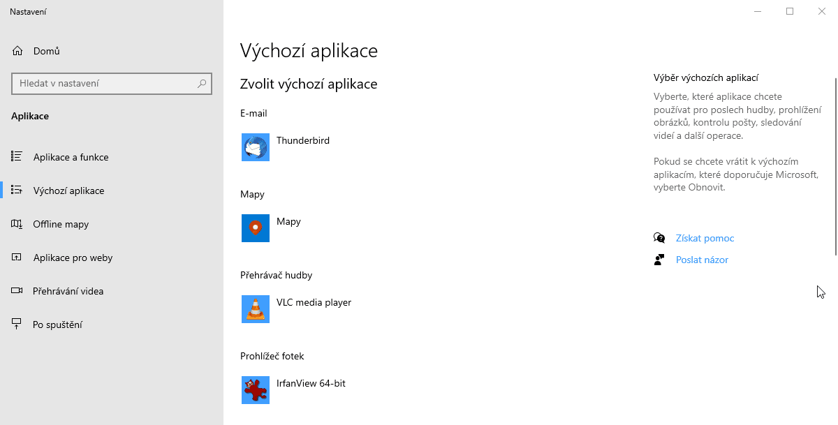 Výchozí aplikace Windows s nastaveným IrfanView pro fotky